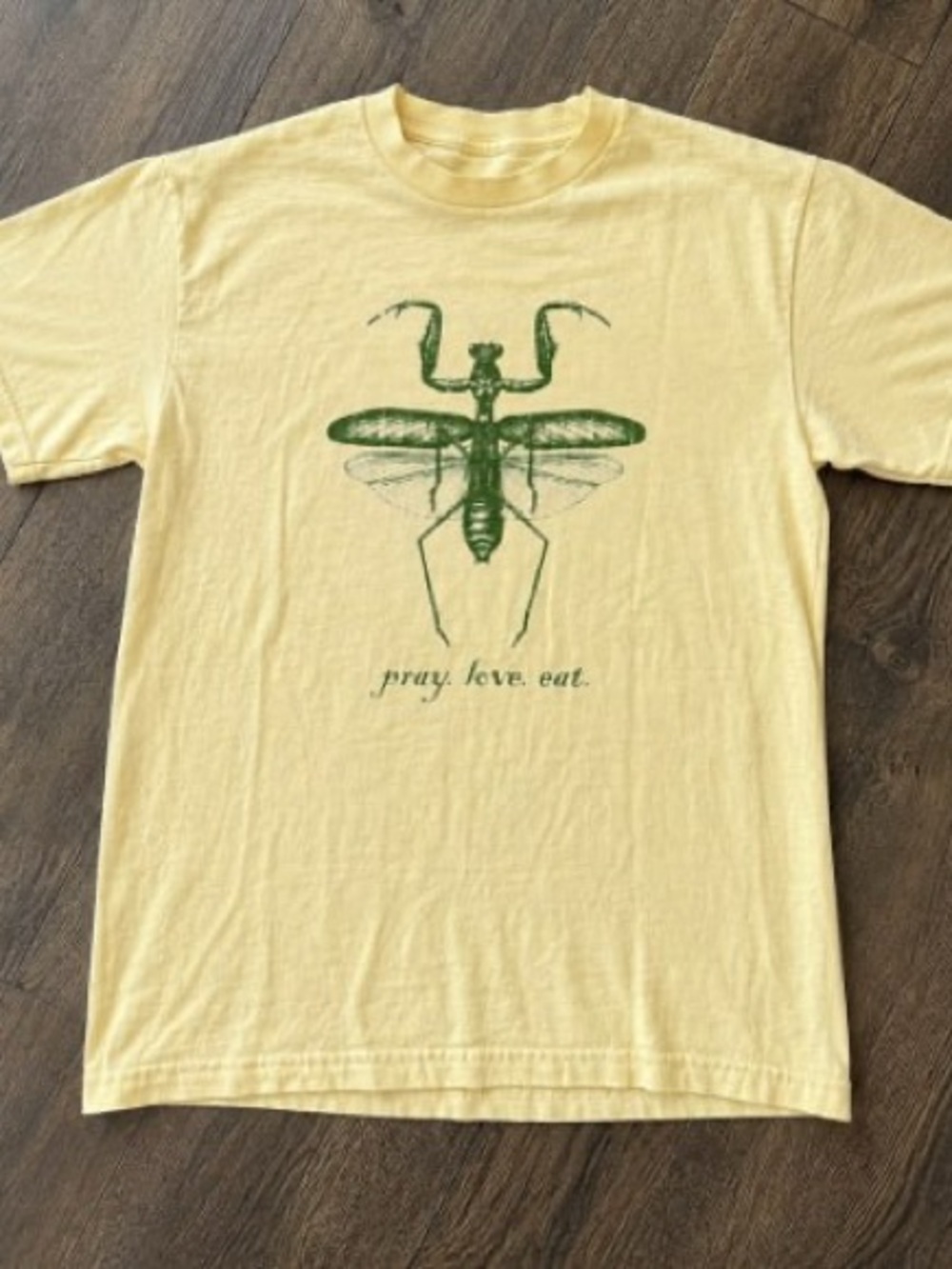 Green Praying Mantis Graphic Yellow T Shirt